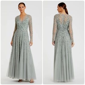 MAC DUGGAL size 18 
Sage Embellished Wrap Over Illusion Long Sleeve A Line Gown